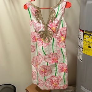 Lily Pulitzer white dress with pink flowers and golden accents